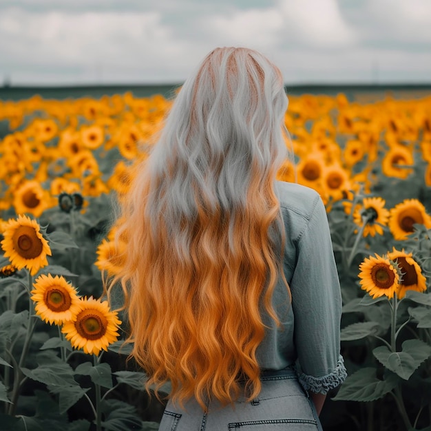 咲くひまわりの風景の野原を背景に長い赤い髪を持つ美しい女の子