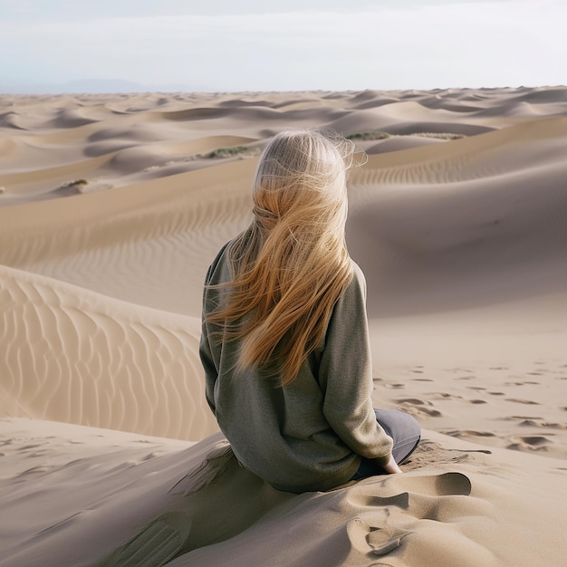 Красивая девушка с длинными желтыми волосами на фоне пустынного пейзажа цветовой гармонии