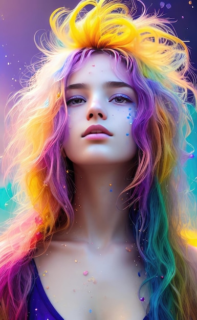 Beautiful girl with multicolored long hair Generative AI