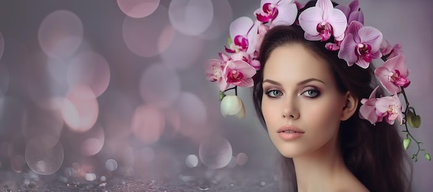 Beautiful girl with Orchid Flowers in her hair Beauty Woman Face Professional makeup