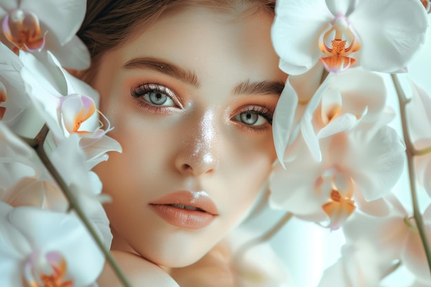 Beautiful girl with orchid flowers perfect skin professional makeup