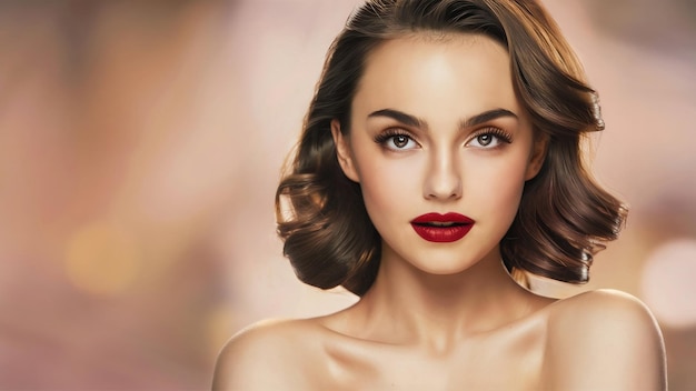 Beautiful girl with perfect skin and red lipstick