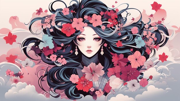 Beautiful girl with pink flowers in her hair Hand drawn illustration Generate Ai