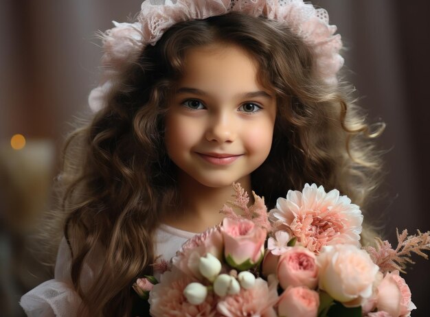 분홍색 꽃을 입은 아름다운 소녀