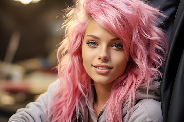 写真 ピンクのの美しい女の子がヘアドレッサーで ゲネレーティブai