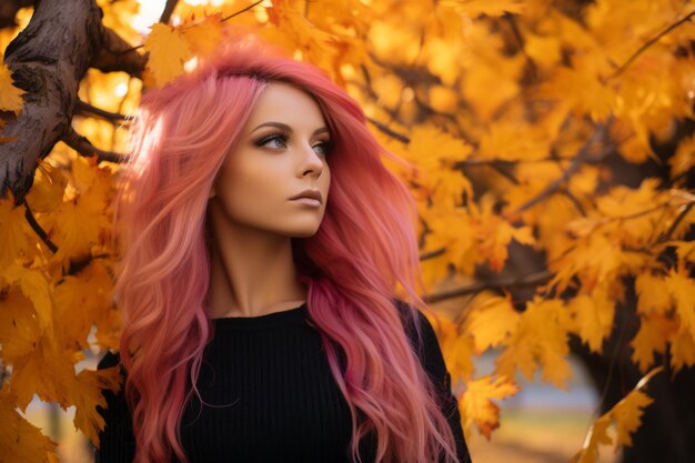 beautiful girl with pink hair in autumn leaves