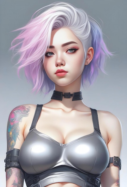 A beautiful girl with pink hair in a black bra