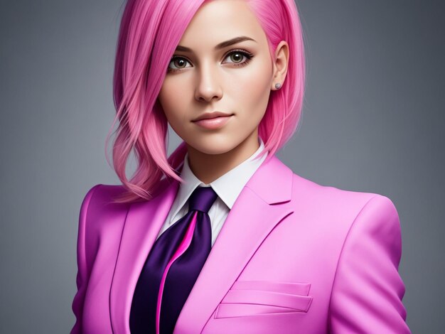 Красивая девушка с розовыми волосами, одетая в розовый деловой костюм.