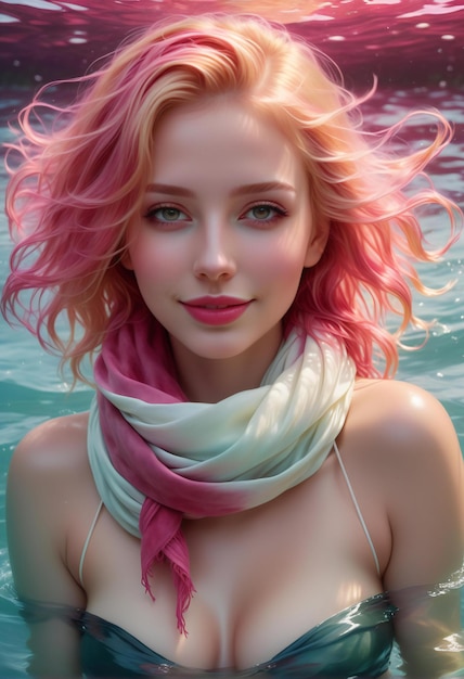 A beautiful girl with pink hair in the water