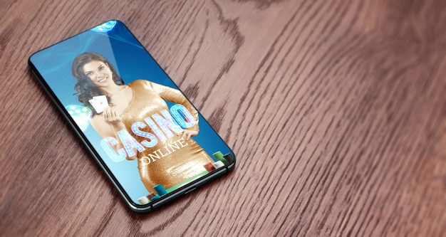 Beautiful girl with playing cards in her hand on the smartphone\
screen. online casino, gambling, betting, roulette. flyer, poster,\
template for advertising. copy space.