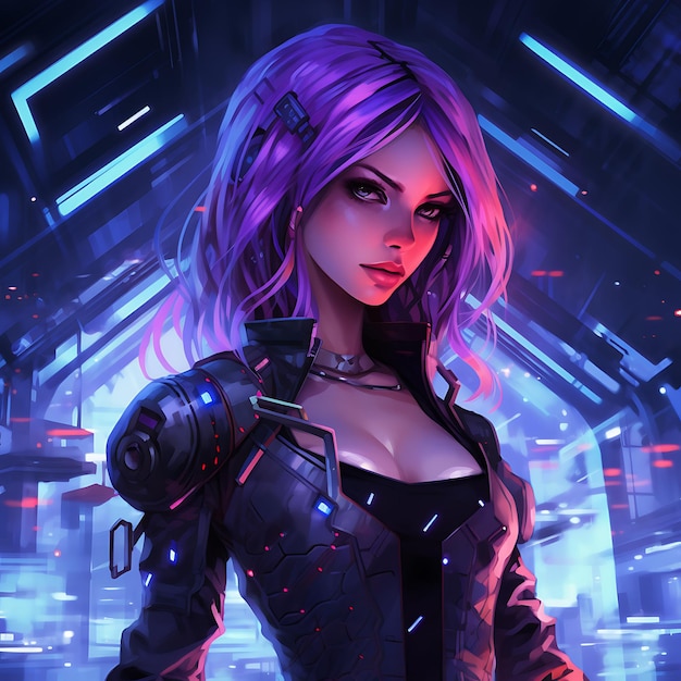 Beautiful girl with purple hair in cyberpunk style on the futuristic background