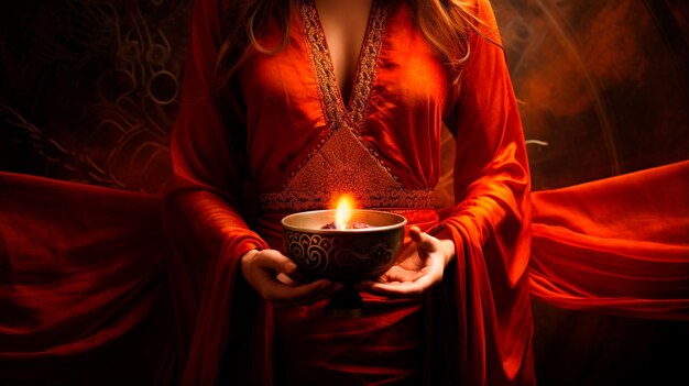 beautiful girl with red hair and a burning candle in her hands the girl in the dark halloween concept