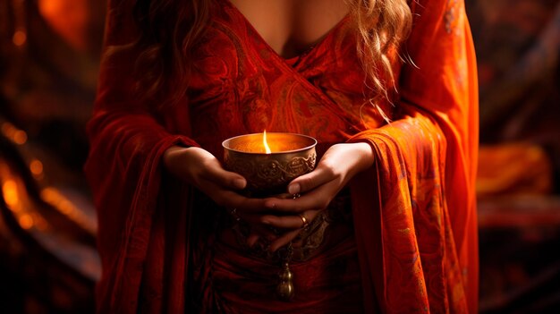 Photo beautiful girl with red hair and a burning candle in her hands the girl in the dark halloween concept