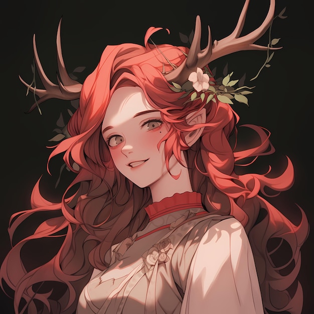 Beautiful girl with red hair and deer antlers