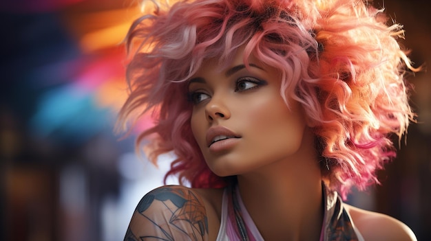 beautiful girl with red hair in pink evening lights