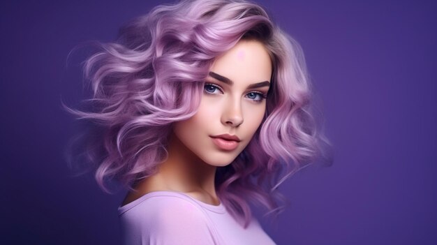 a beautiful girl with a romantic hairstyle posing in a purple space