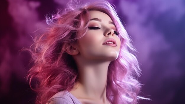 Photo a beautiful girl with a romantic hairstyle posing in a purple space