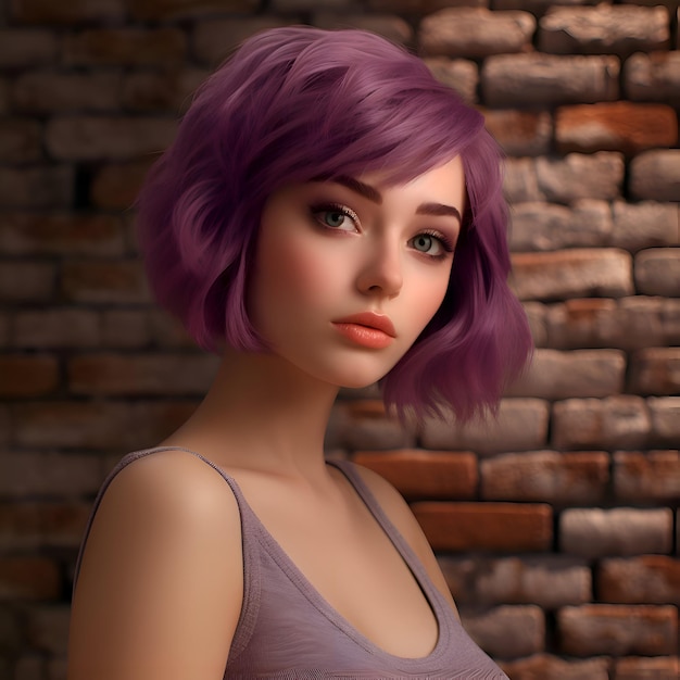 Photo a beautiful girl with short purple hair on a brick wall background