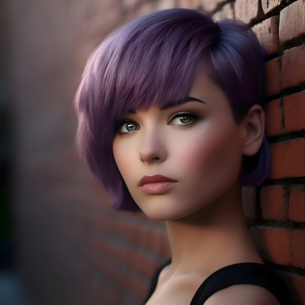 A beautiful girl with short purple hair on a brick wall background