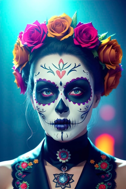 Beautiful girl with skull makeup in the dark