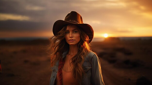 Beautiful girl with a smile on her face in a cowboy hat on the background of a beautiful sunset