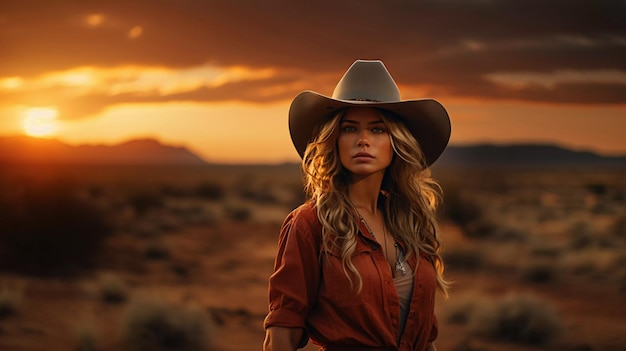 Beautiful girl with a smile on her face in a cowboy hat on the background of a beautiful sunset