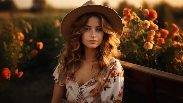 A beautiful girl with a smile on her face dressed in light summer clothes sits among wild flowers a beautiful sunset