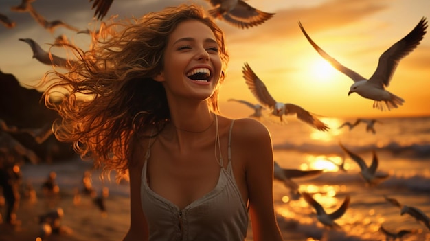 Красивая девушка с улыбкой на лице на берегу моря прекрасный закат