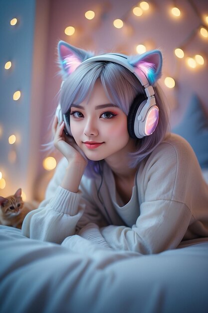 Photo a beautiful girl with straight layered short medium length hair wearing cat ear headphone