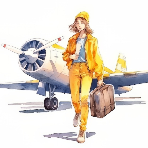 Beautiful girl with a suitcase in front of the plane