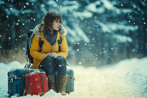 A beautiful girl with a suitcase in the winter forest ready to travel