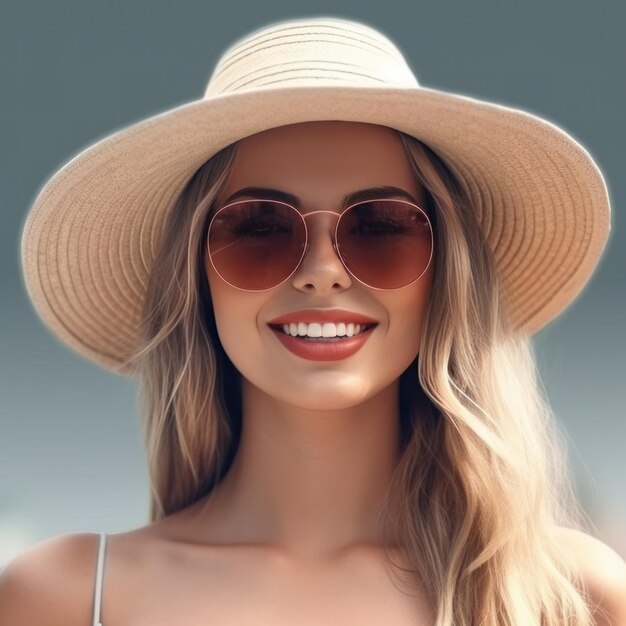 Beautiful girl with sunglasses and summer hat smiling isolated Illustration AI GenerativexA