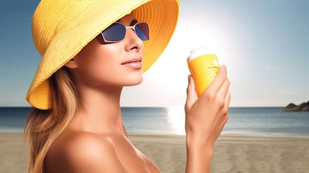 Красивая девушка с солнцезащитным кремом Иллюстрация AI GenerativexA