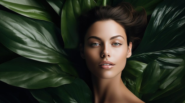 Beautiful girl with tropical leaves