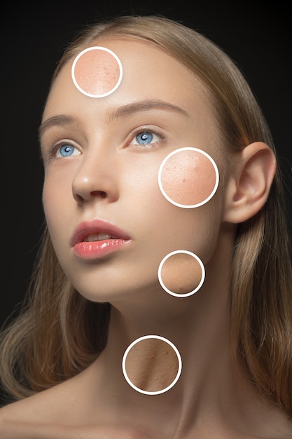 beautiful girl with various types of skin close-up