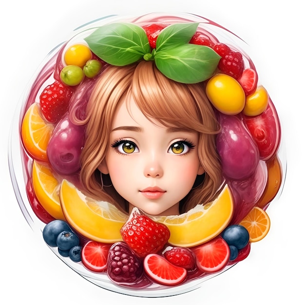 beautiful girl with vegetable and fruit motifs on a white background