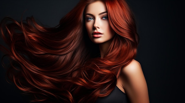 아주 길고 붉은색의 잘 손질된 부드러운 머리를 가진 아름다운 소녀 미용사 광고 개발