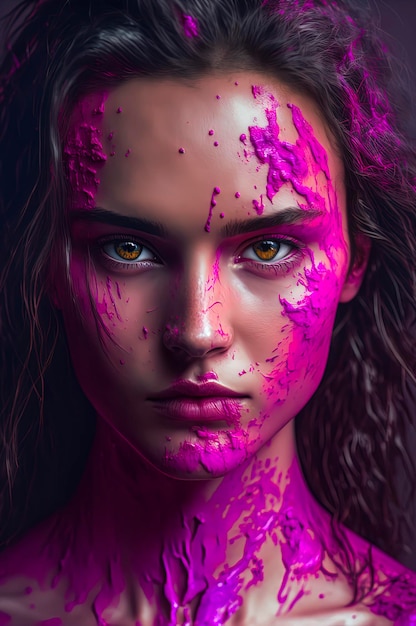 올해의 그녀의 얼굴 색상에 비바 마젠타 페인트를 칠한 아름다운 소녀