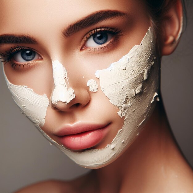 Photo beautiful girl with a white mud mask on her face