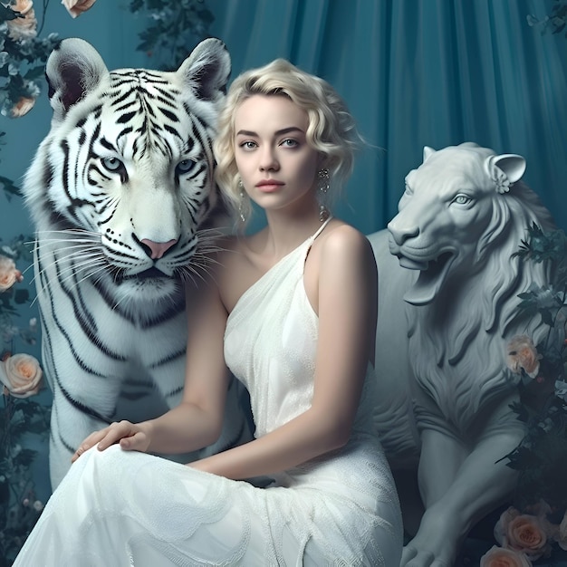 Beautiful girl with a white tiger on a blue background Beauty fashion