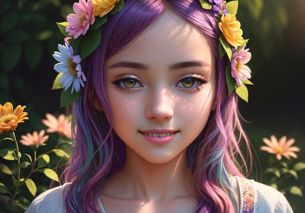 Beautiful girl with wreath of flowers on her head Generative AI