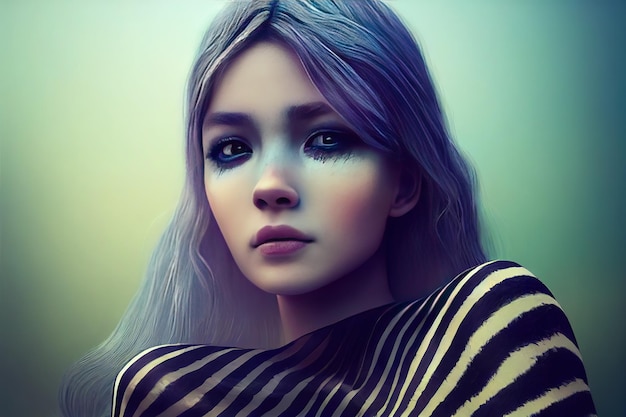 Photo a beautiful girl with a zebra disguise a girl with a makeup in the form of a zebra portrait of a beautiful girl with black and white stripes like a zebra digital art style illustration painting