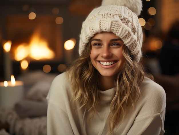 Beautiful girl in woolen hat near wood stove