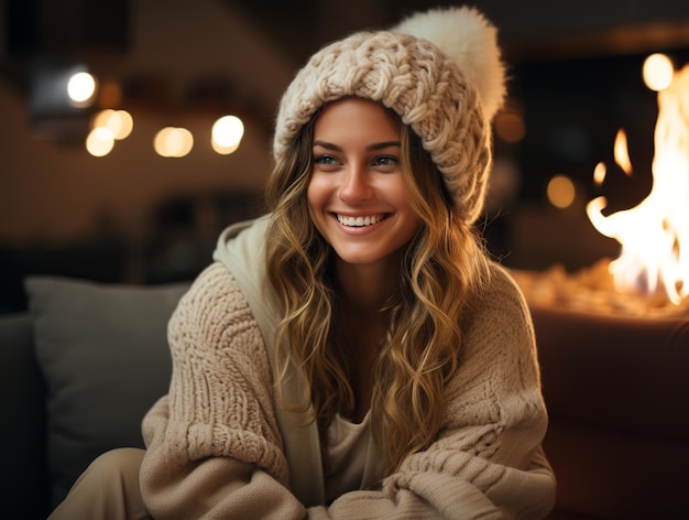 Photo beautiful girl in woolen hat near wood stove