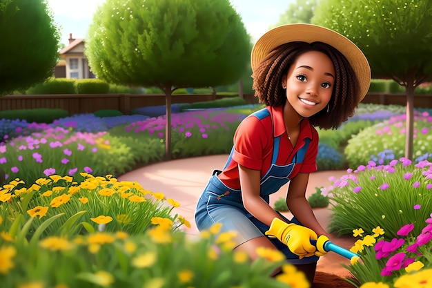 Photo beautiful girl working a gardener african american girl planting flowers ai