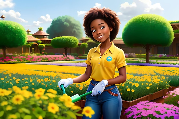 Красивая девушка работает садовником Афроамериканка сажает цветы AI