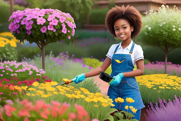 정원사로 일하는 아름다운 소녀 아프리카계 미국인 소녀 꽃 심기 AI