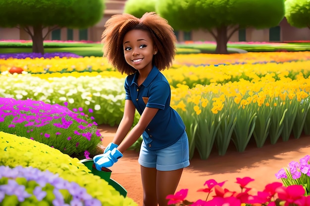 Bella ragazza che lavora un giardiniere ragazza afroamericana che pianta fiori ai