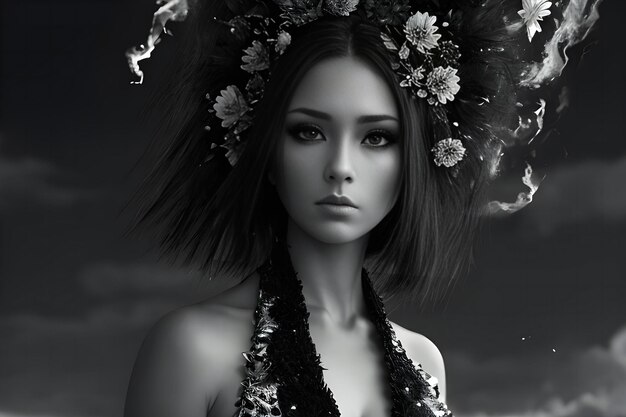 Beautiful girl in a wreath of flowers Black and white photo