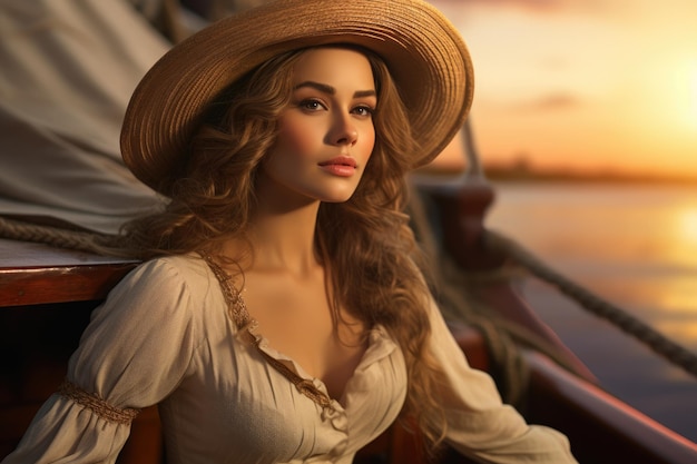 Beautiful girl on a yacht bronze tan and golden sunset